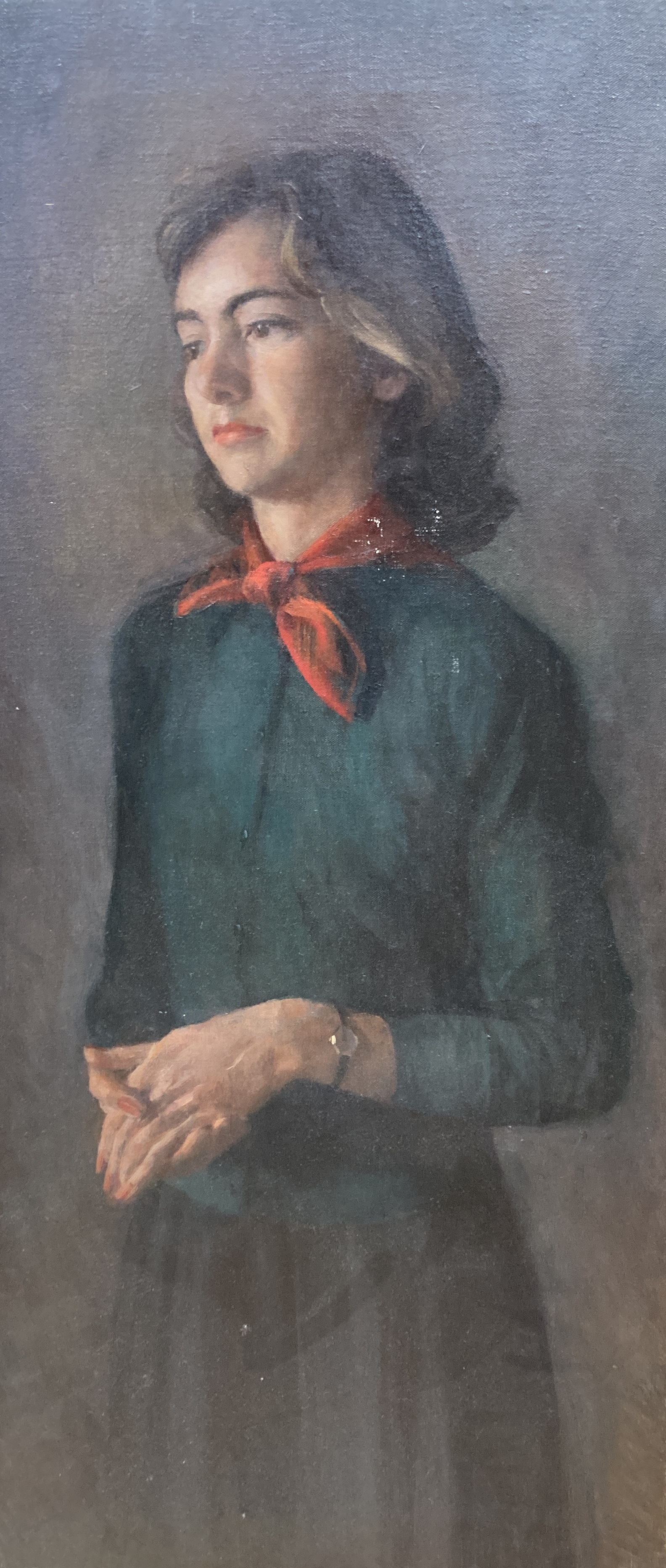 Contemporary English School, oil on canvas, Three quarter length portrait of a lady, 76 x 35cm, unframed